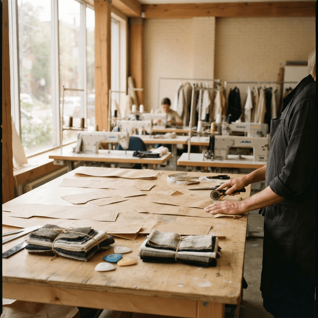 Pattern-cutting table with paper patterns and fabric swatches in a daylit garment atelier