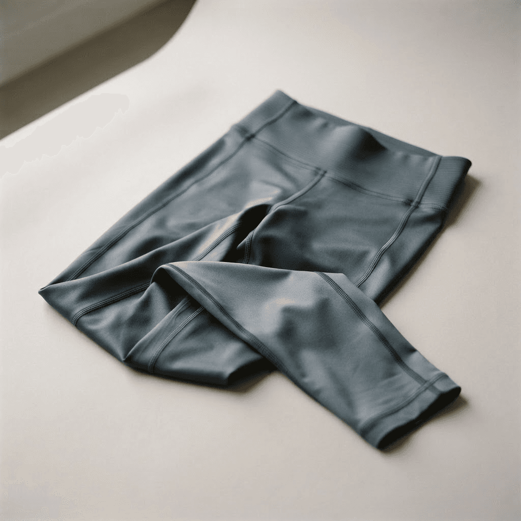 Slate grey technical active-wear leggings arranged in soft folds